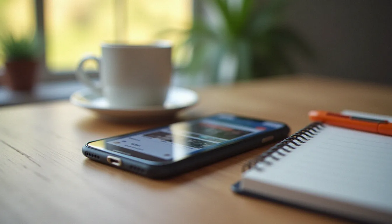 Lovetrans : guide complet du contenu trans adulte Smartphone posé sur un bureau montrant une interface de plateforme de contenu adulte, symbolisant les outils de monétisation utilisés dans l'univers lovetrans