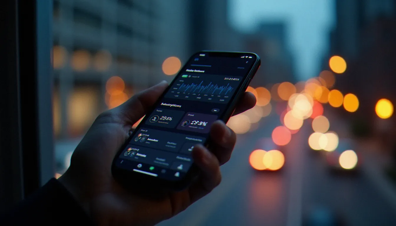 Écran de smartphone montrant un tableau de bord de plateforme d'abonnement adulte avec statistiques de revenus et profils de créatrices