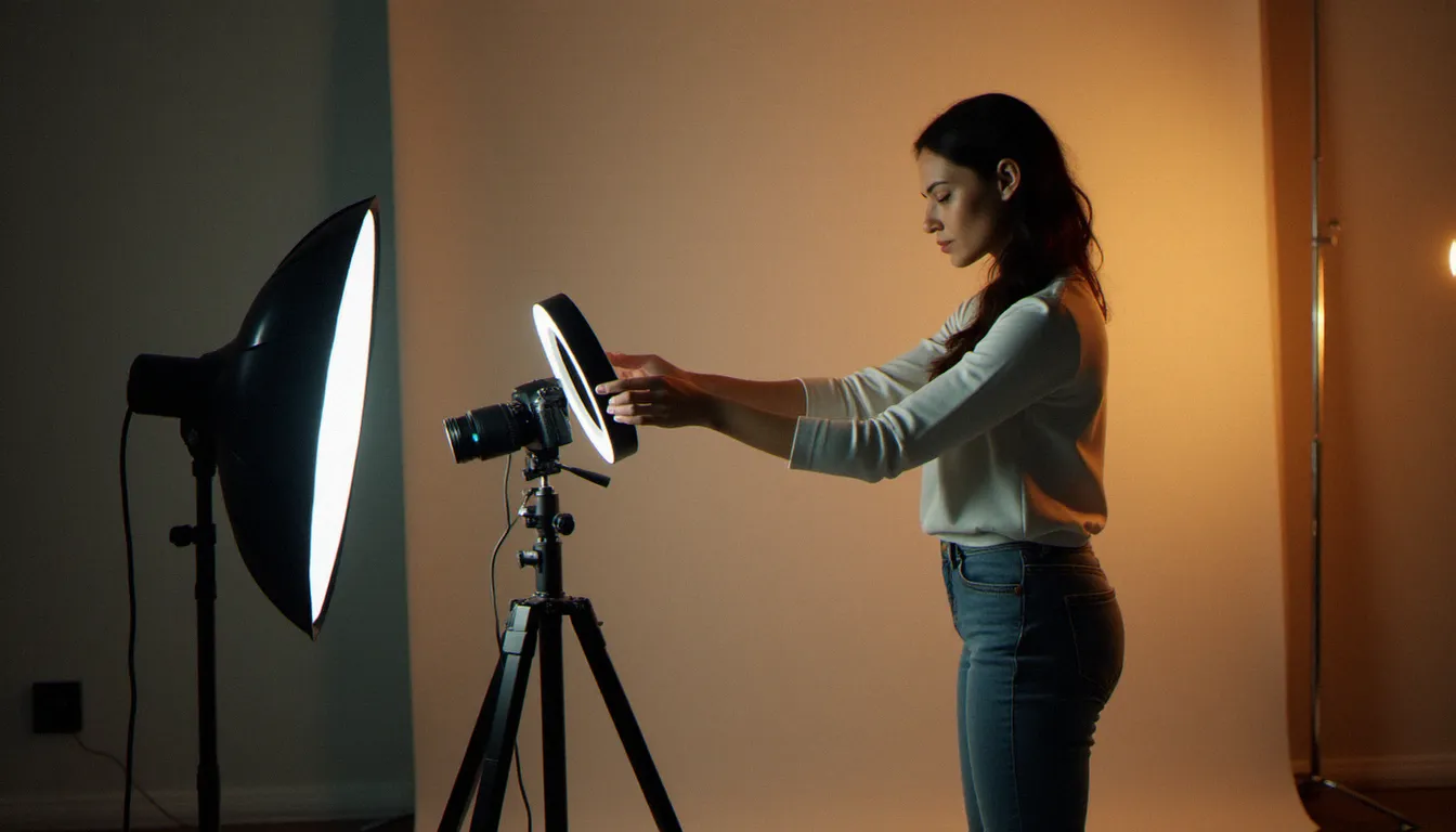 Créatrice de contenu adulte indépendante préparant son équipement de studio avec éclairage annulaire professionnel pour filmer du contenu exclusif destiné aux plateformes de streaming