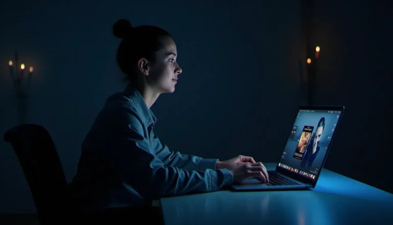 Personne consultant un site streaming vidéo adulte sur ordinateur portable dans un espace moderne aux tons sombres, écran affichant une interface de lecteur vidéo