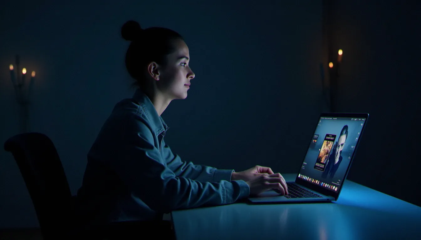 Personne consultant un site streaming vidéo adulte sur ordinateur portable dans un espace moderne aux tons sombres, écran affichant une interface de lecteur vidéo