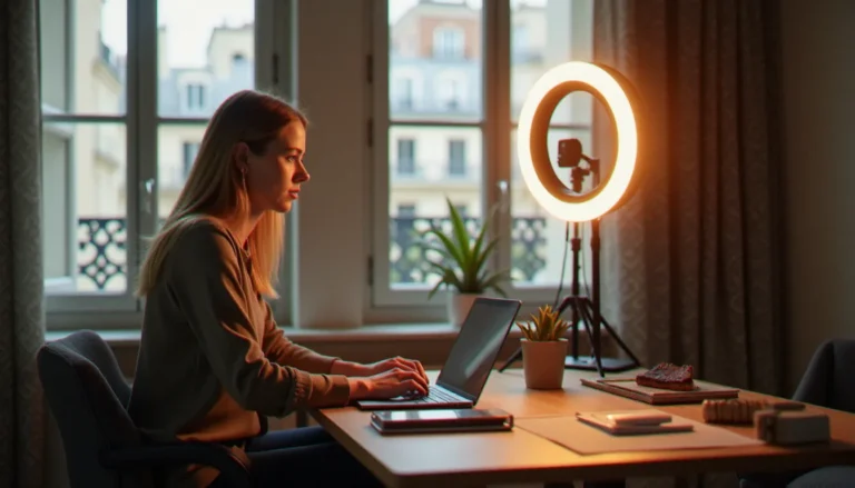Actrice film adulte française : portrait d'une industrie Créatrice de contenu française travaillant sur son ordinateur dans un appartement parisien, illustrant le métier d'actrice film adulte française indépendante