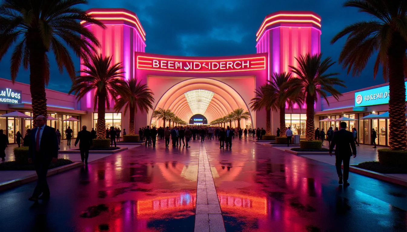 Entrée d'un centre de conventions à Las Vegas la nuit, ambiance lumineuse typique des grands salons professionnels de l'industrie adulte