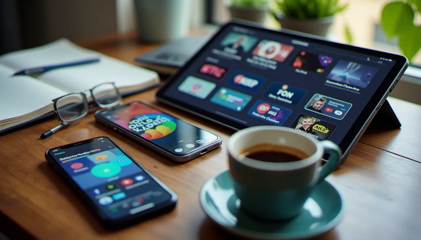 Vue à plat de plusieurs appareils mobiles affichant des interfaces de plateformes de streaming, symbolisant la diversification des médias adulte indépendants couverts par l'adult video news