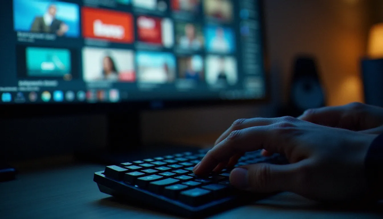 Mains tapant sur un clavier face à un écran affichant une grille de vignettes floues de sites web, représentant la navigation sur des plateformes alternatives