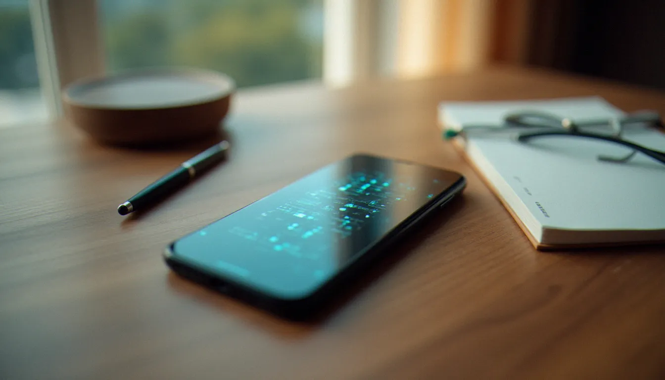 Vue aérienne d'un smartphone sur bureau en bois avec interface de streaming floutée, symbolisant l'usage mobile des plateformes de contenu adulte en France