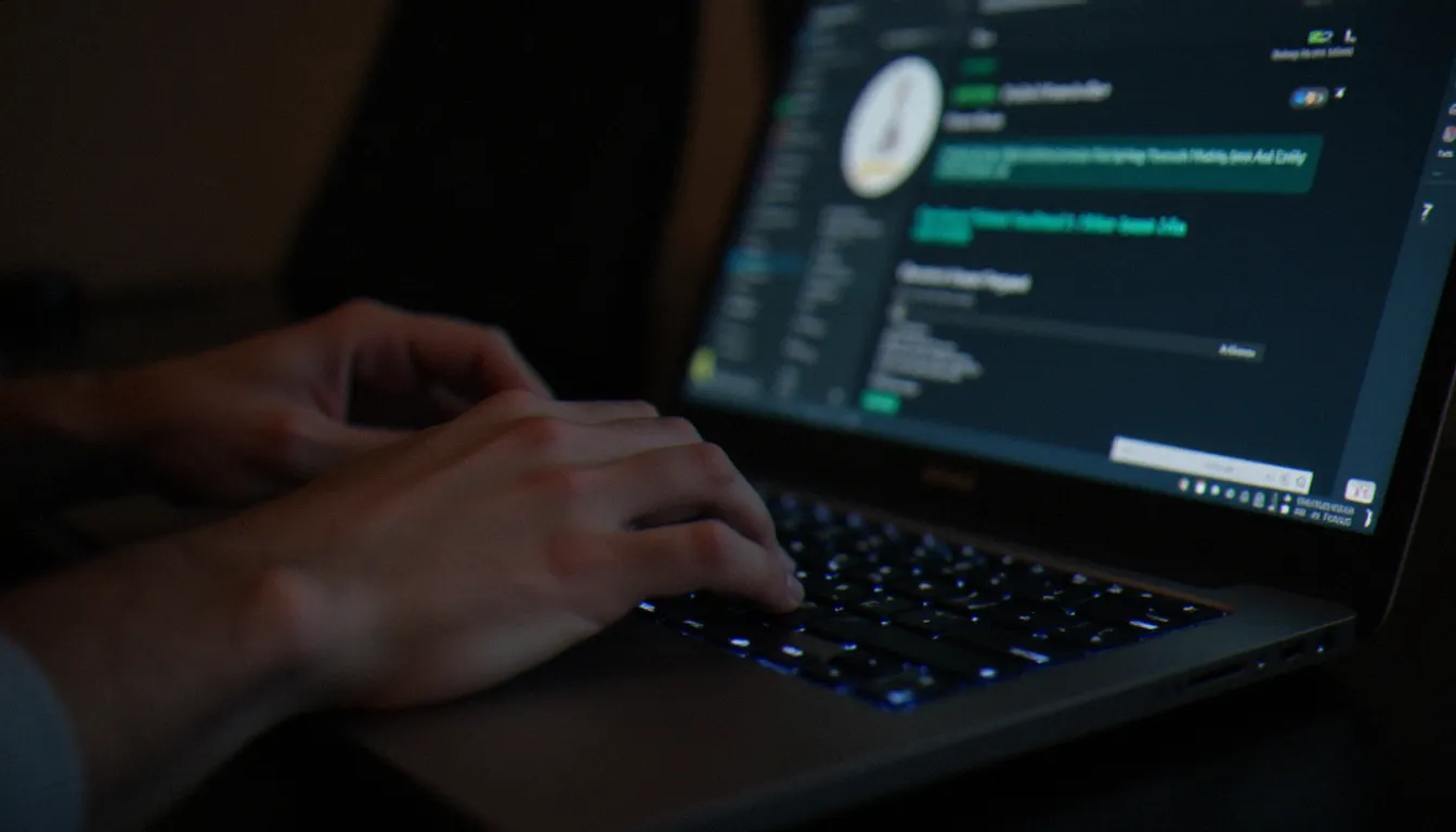 Avis site streaming adulte : guide comparatif 2026 Mains sur un clavier d'ordinateur portable avec application VPN visible en arrière-plan flou, illustrant la protection de la vie privée sur les sites de streaming