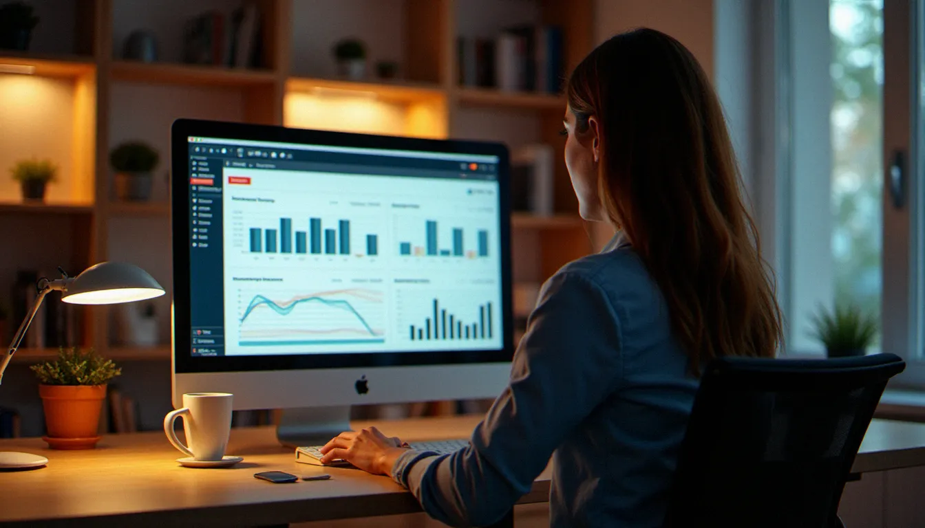 Créatrice de contenu analysant ses revenus issus du commerce en ligne depuis son bureau à domicile