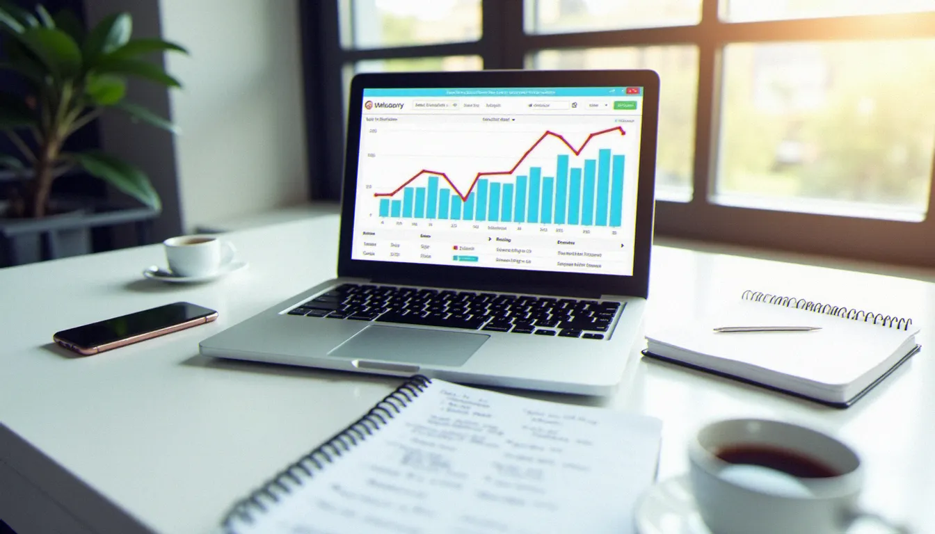 Tableau de bord de commerce en ligne affiché sur un laptop avec des statistiques de revenus, sur un bureau bien organisé