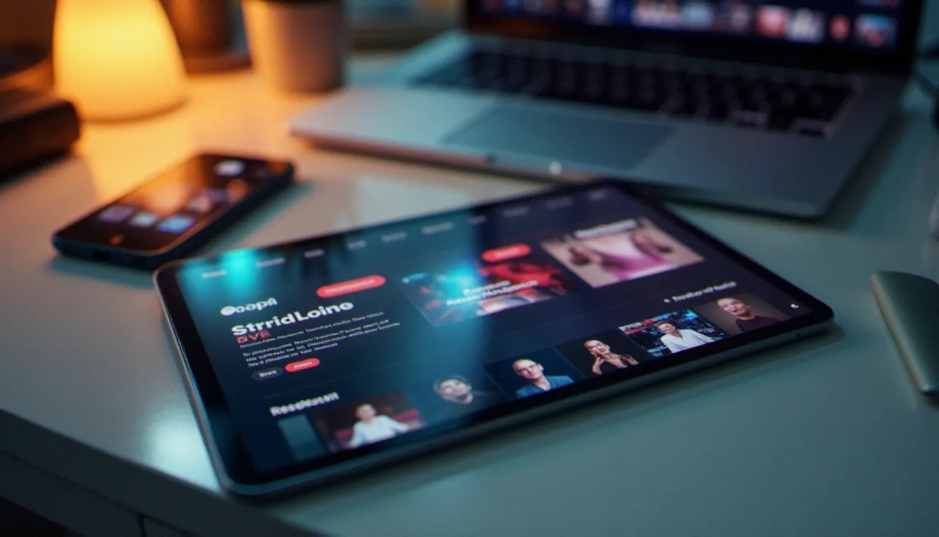 Contenu adulte bloqué myCanal : causes et solutions Vue aérienne de trois appareils numériques affichant différentes plateformes de streaming adulte, illustrant les alternatives disponibles lorsque myCanal reste inaccessible