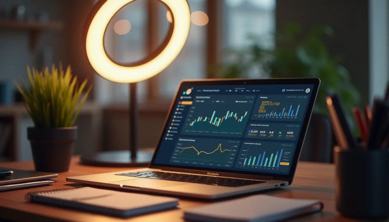 Bureau de créateur de contenu avec ordinateur portable affichant des statistiques de plateforme, illustrant l'économie du contenu adulte en ligne en France