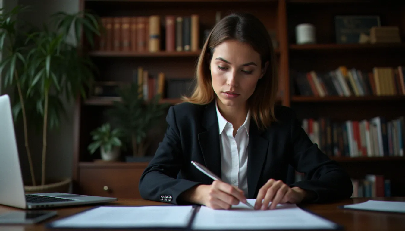 Une entrepreneuse française étudiant des documents juridiques liés à la protection de ses droits numériques et à la fiscalité de son activité de créatrice de contenu