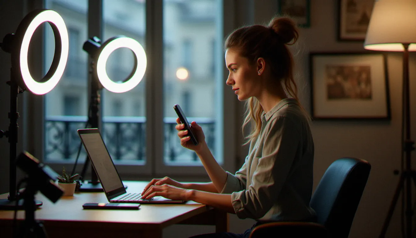 Une créatrice de contenu adulte en France travaillant depuis son studio à domicile à Paris, entourée de matériel photo et d'un ordinateur portable