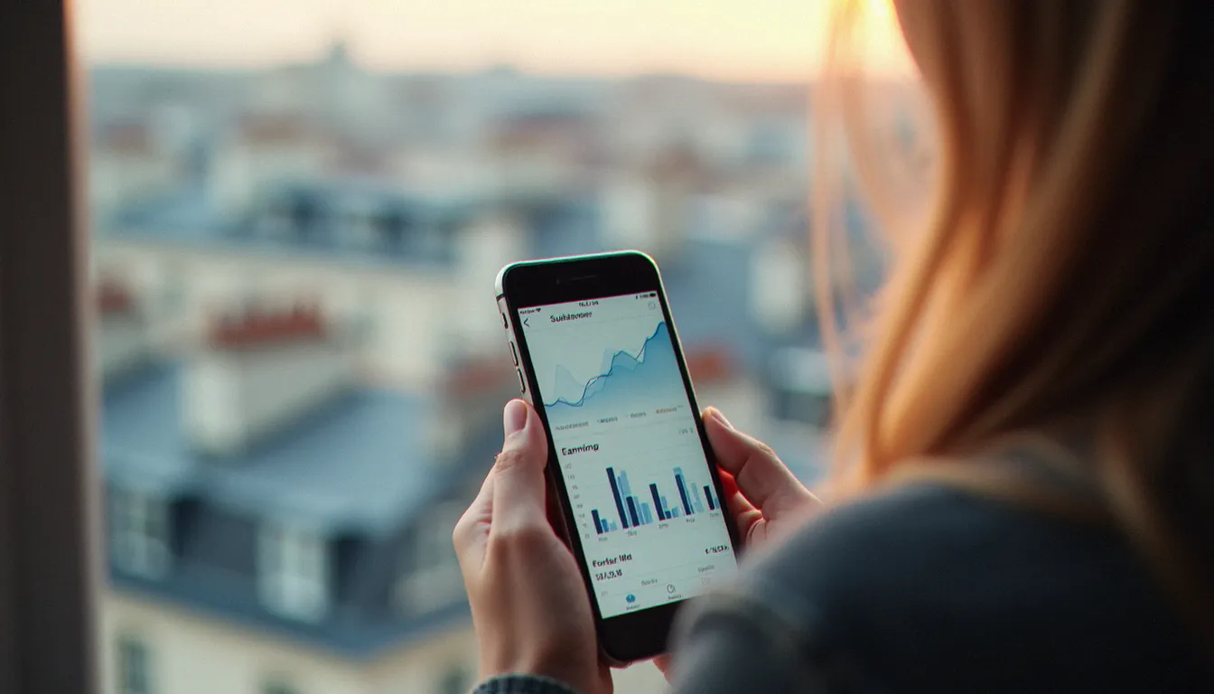 Tableau de bord analytique sur smartphone montrant la croissance d'abonnés, illustrant l'économie des plateformes dans le secteur de l'érotisme français vidéo