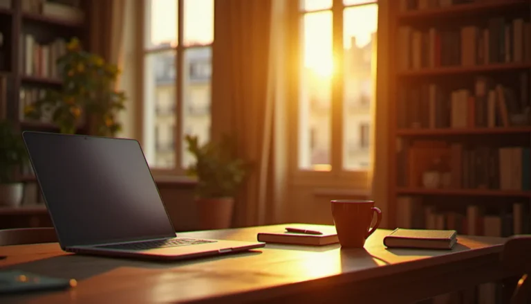 Érotisme français vidéo : guide complet 2026 Bureau parisien baigné de lumière dorée avec ordinateur portable illustrant la création de contenu numérique dans le secteur de l'érotisme français vidéo