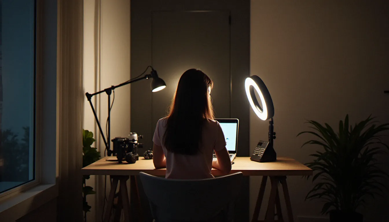 Créatrice indépendante dans son studio à domicile, configurant son espace de production de contenu pour plateformes de streaming