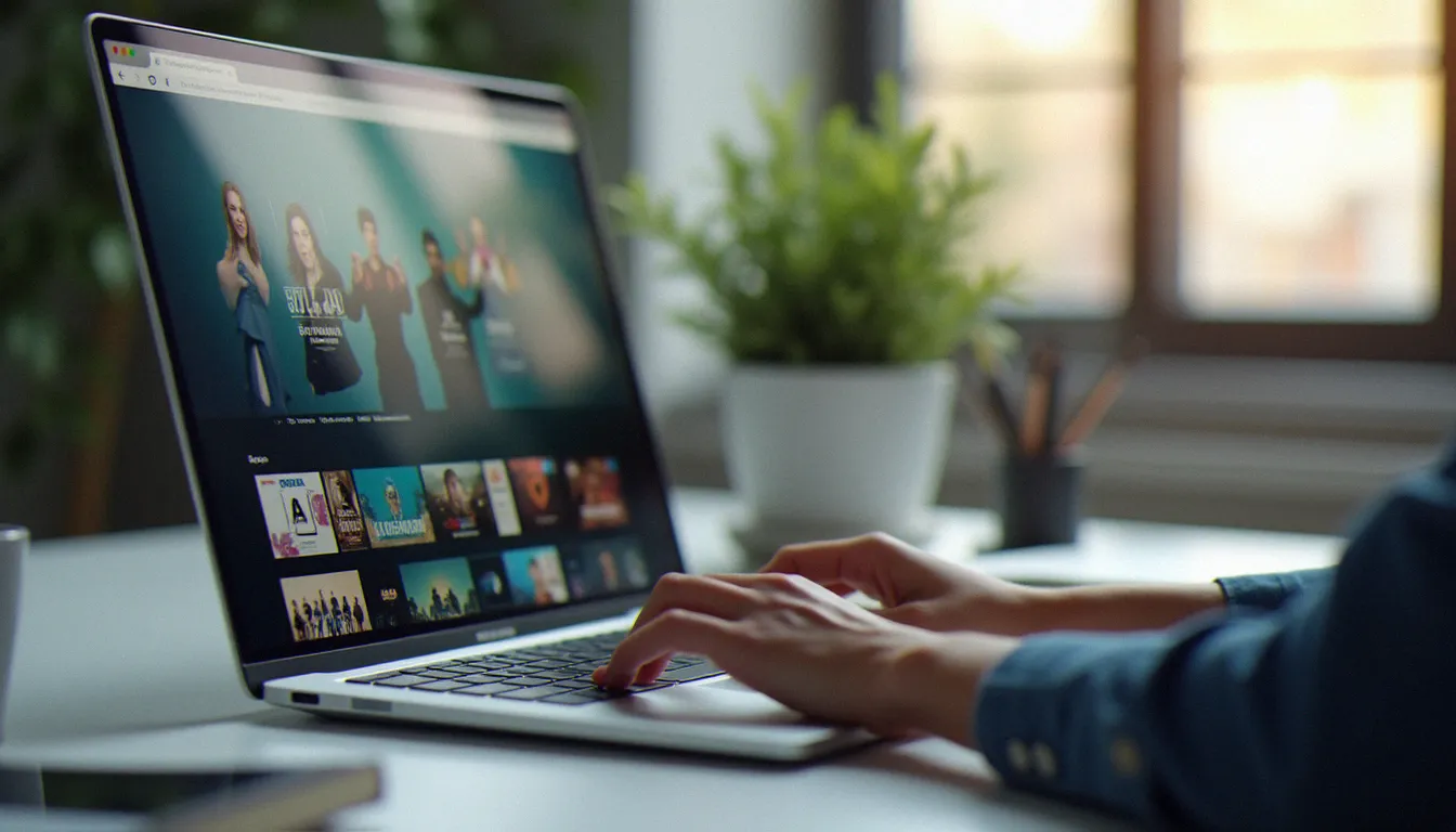 Comparaison de plateformes de streaming sur ordinateur portable, bureau épuré avec lumière naturelle