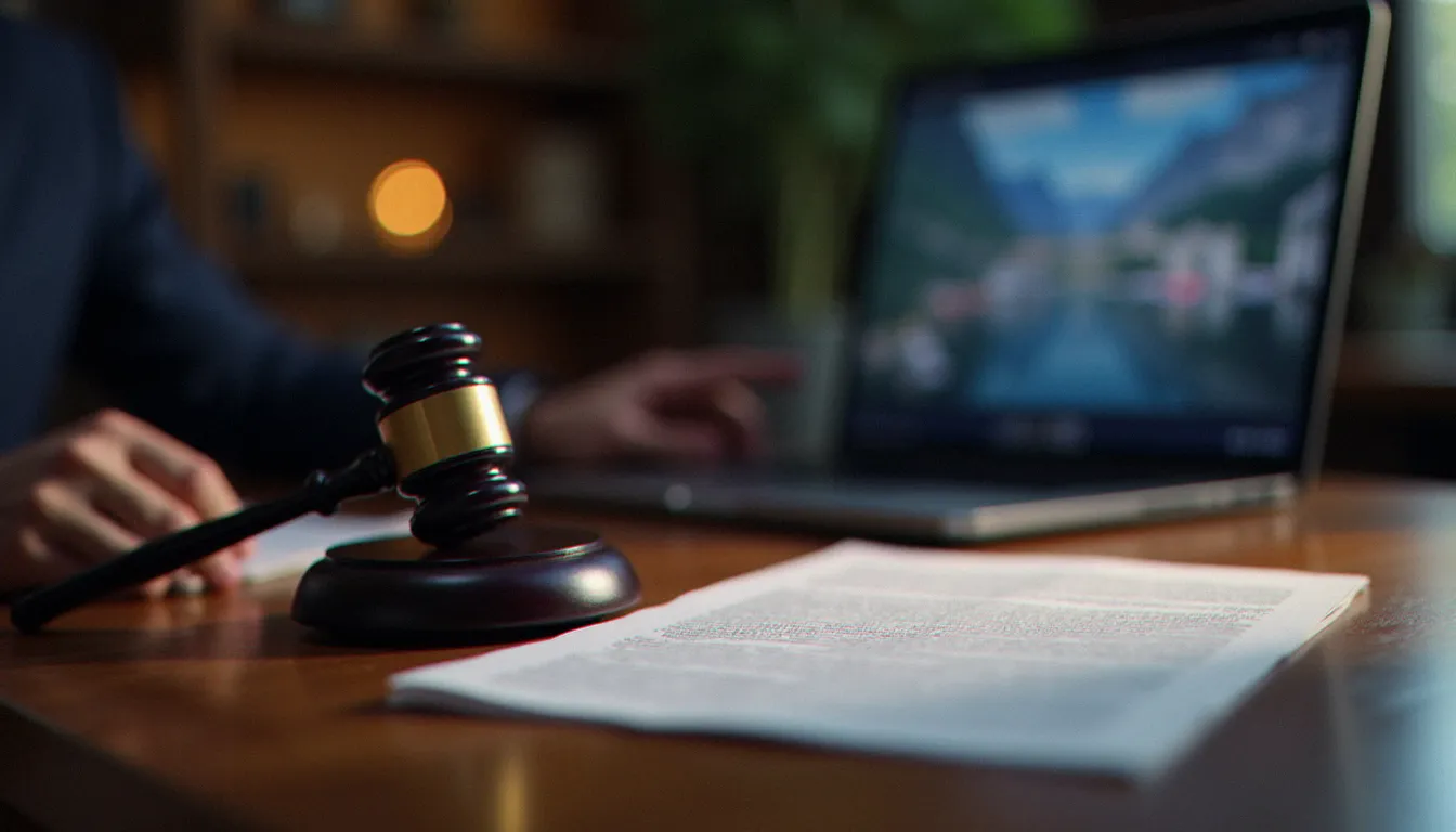 Documents légaux et marteau de justice sur un bureau avec interface de streaming floue en arrière-plan, illustrant le cadre légal du streaming adulte en France