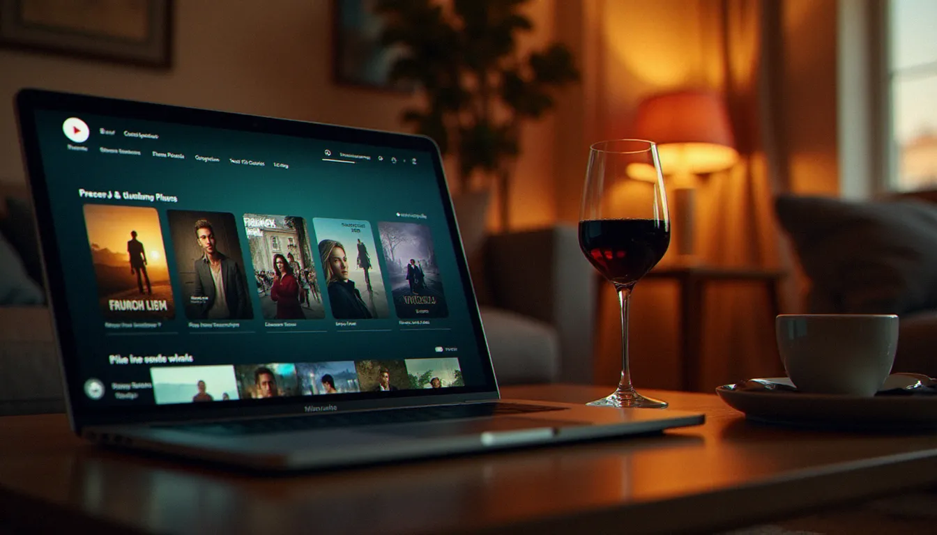 Espace salon contemporain avec écran d'ordinateur affichant une interface de streaming de films français, atmosphère de soirée cinéma à domicile