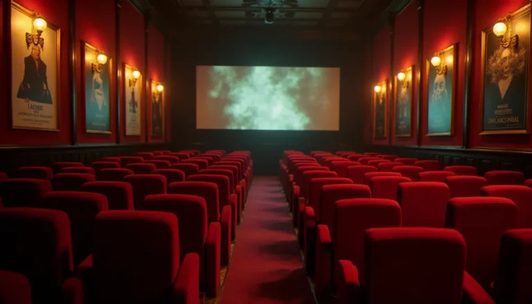 Film érotique français streaming : guide complet 2026 Salle de cinéma vintage à l'ambiance feutrée évoquant le film érotique français en streaming, avec fauteuils en velours rouge et lumière de projecteur