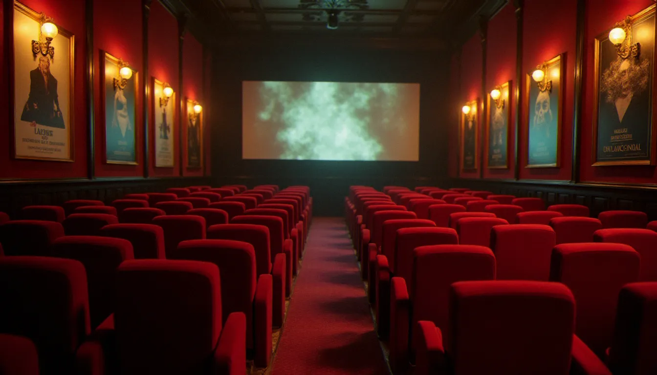 Salle de cinéma vintage à l'ambiance feutrée évoquant le film érotique français en streaming, avec fauteuils en velours rouge et lumière de projecteur