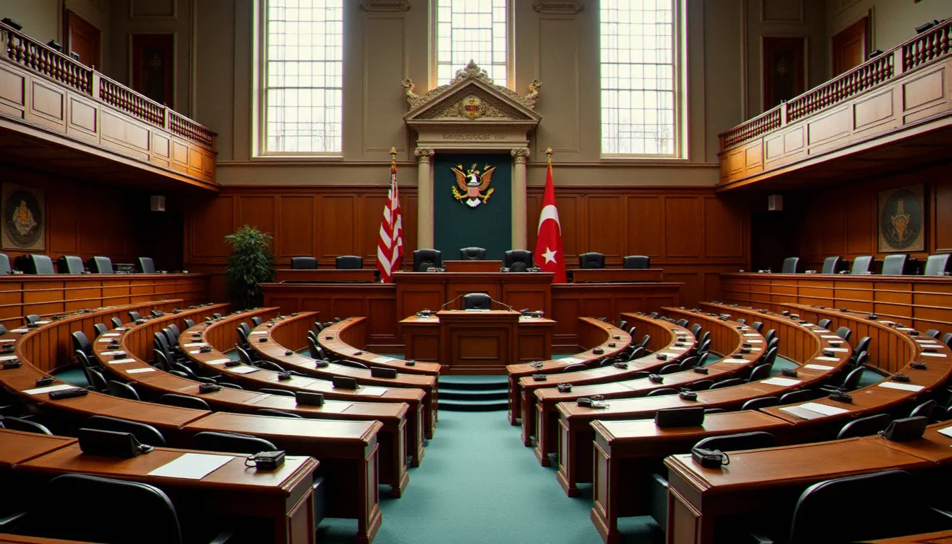 Salle de séance d'un parlement vide avec des rangées de sièges en bois, représentant l'architecture institutionnelle du système parlementaire bangladais