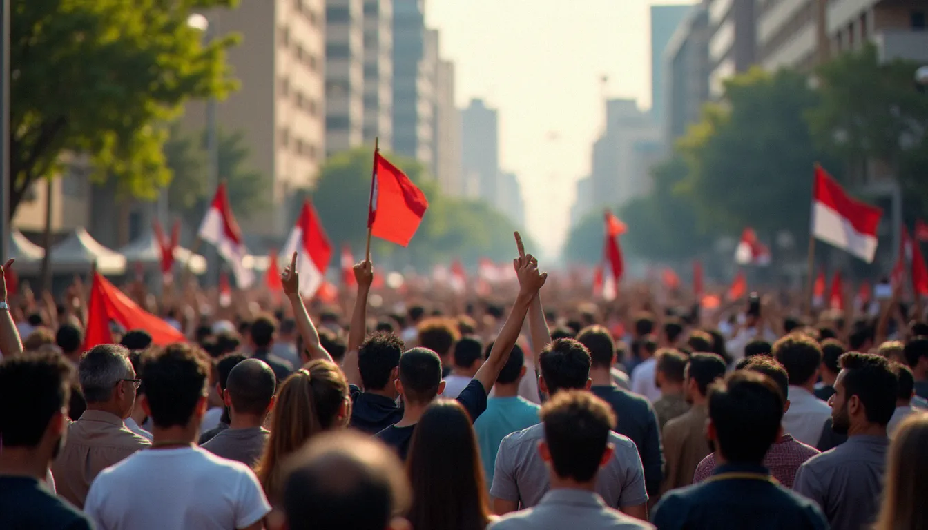 Manifestation populaire dans une rue d'une grande ville d'Asie du Sud, foule rassemblée pacifiquement, illustrant les crises politiques récurrentes au Bangladesh