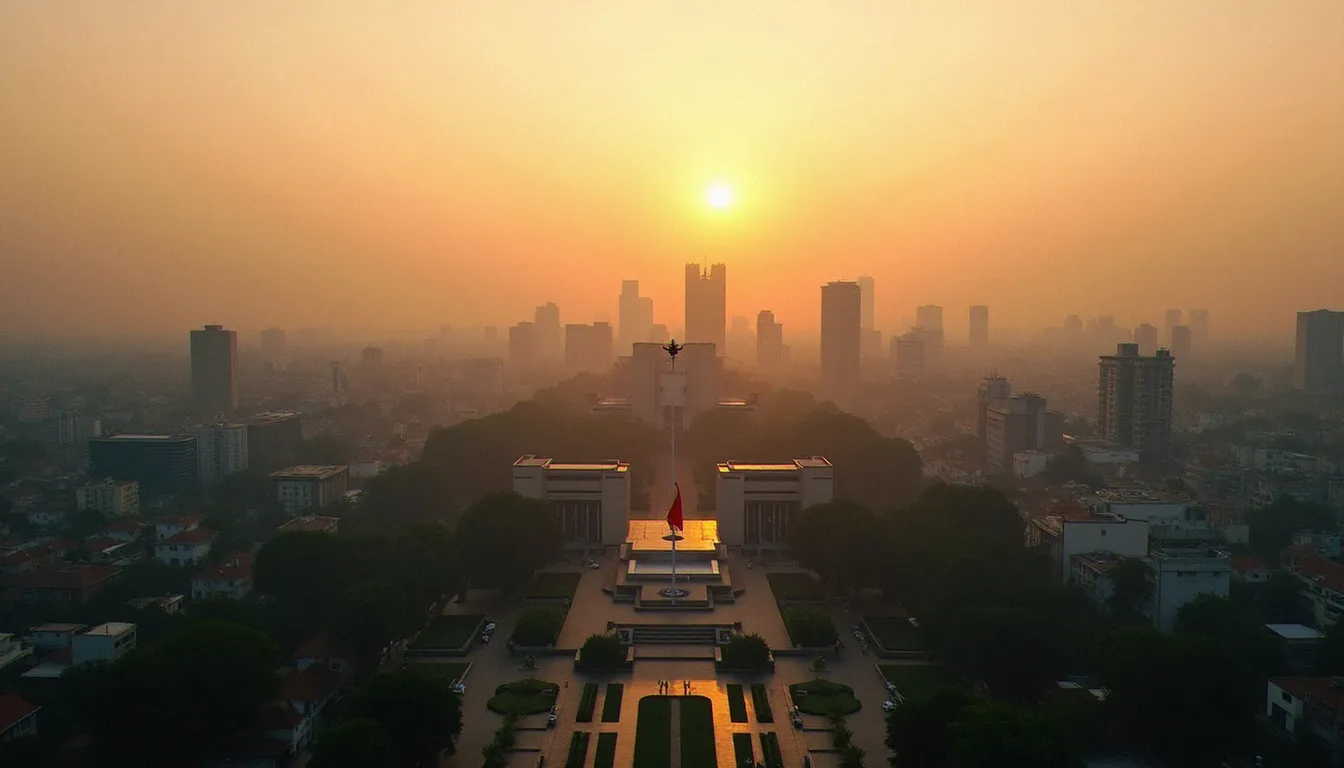 Vue aérienne de Dhaka, capitale du Bangladesh, avec les bâtiments gouvernementaux visibles au coucher du soleil, illustrant le gouvernement du Bangladesh