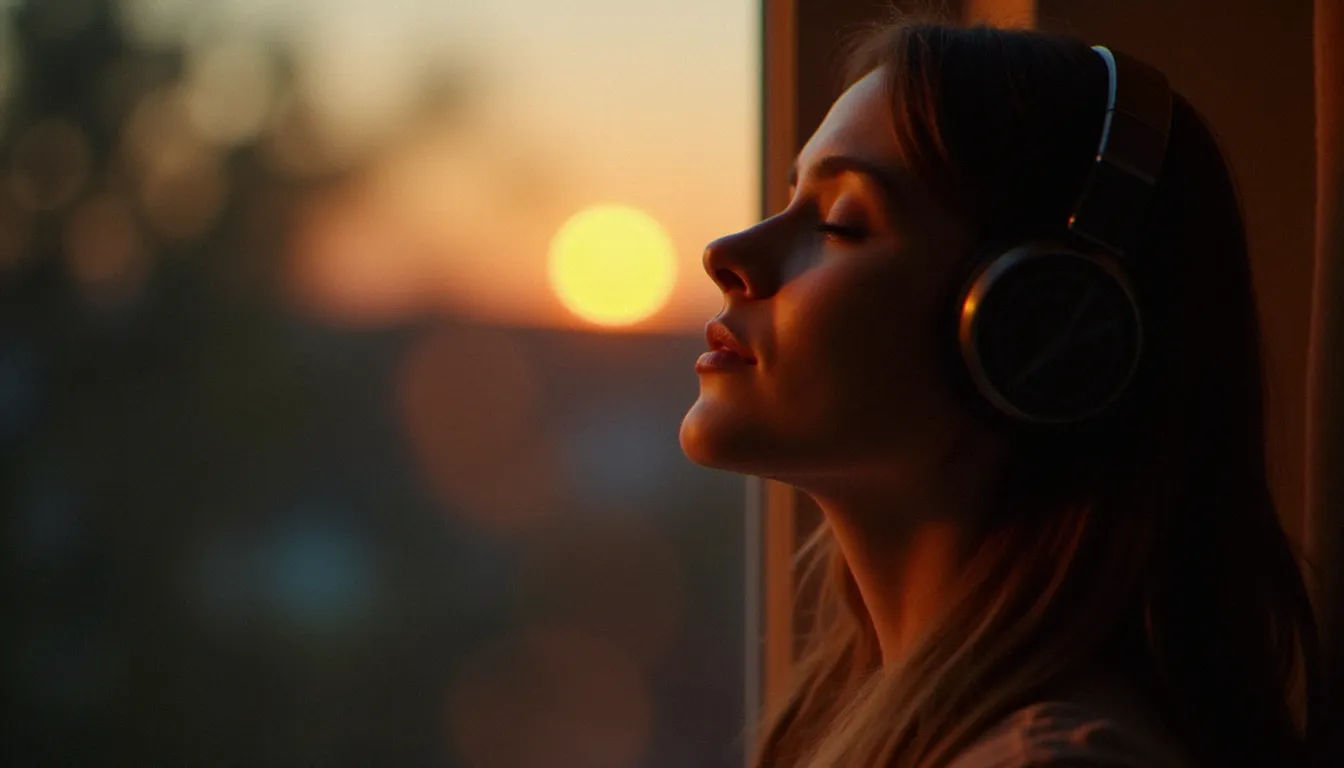 Histoire érotique audio : guide complet du format Femme portant un casque audio près d'une fenêtre au crépuscule, immergée dans l'écoute d'un contenu audio