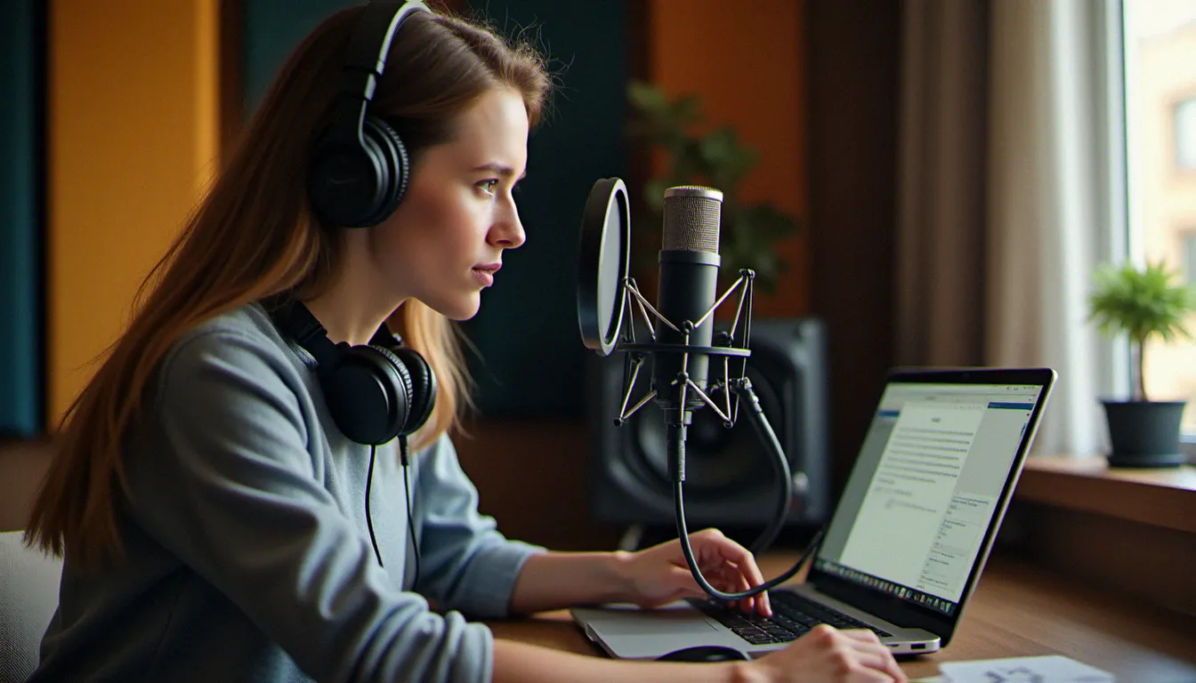 Créatrice de contenu audio en home studio, microphone professionnel et panneau acoustique, ambiance de travail dans la création de narration audio