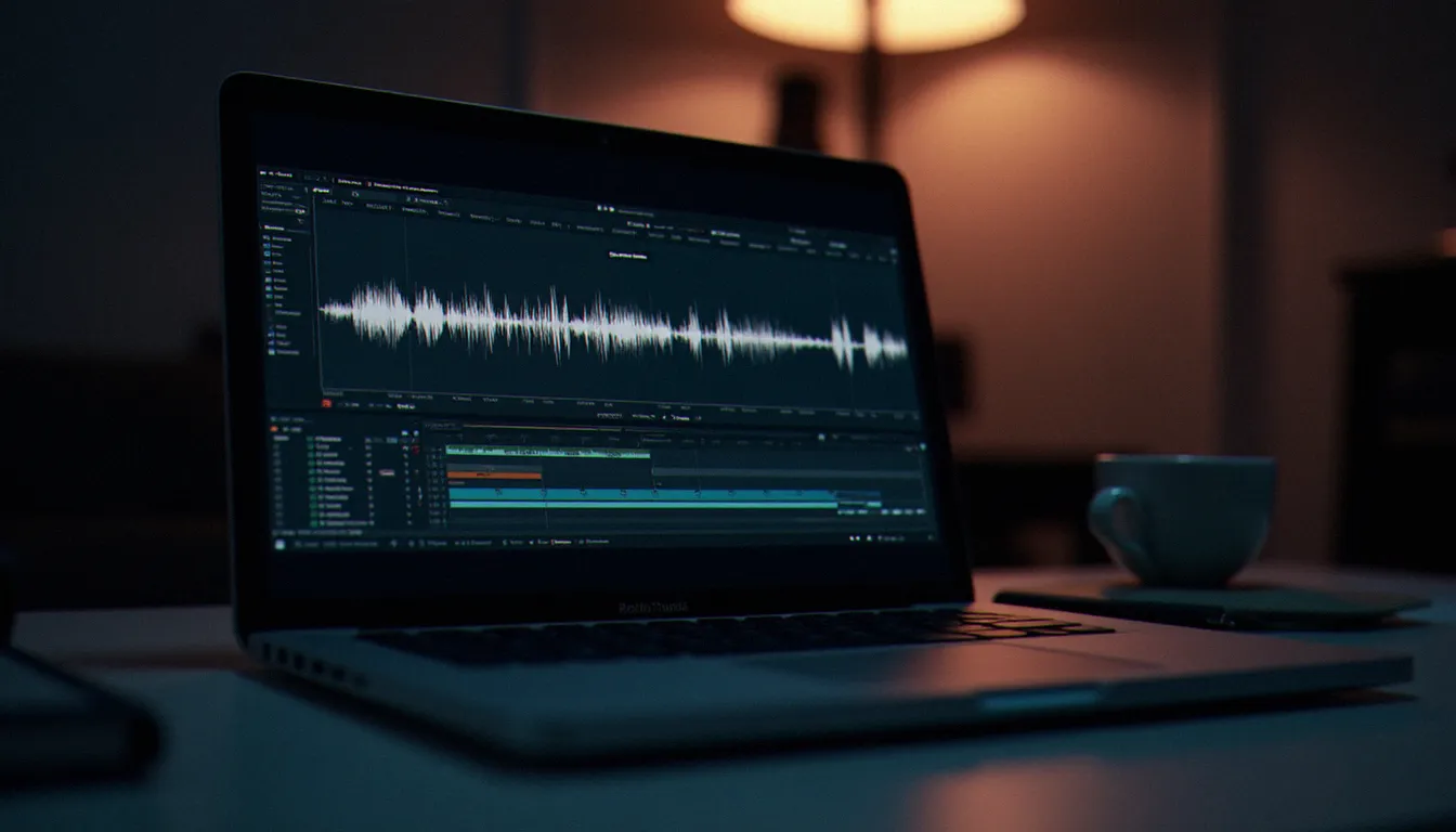 Histoire érotique audio : guide complet du format Écran d'ordinateur affichant un logiciel d'édition audio avec des formes d'ondes, espace de travail de créatrice de contenu audio