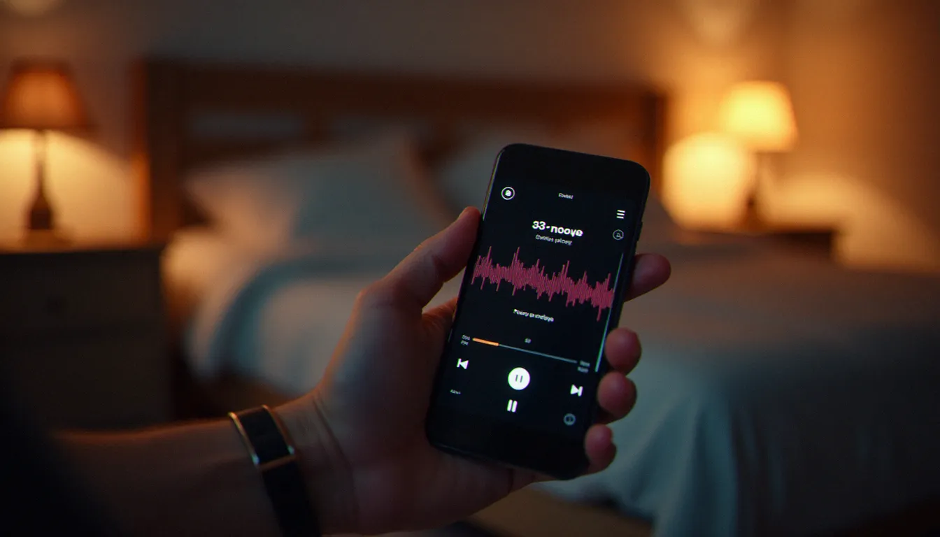 Smartphone affichant une interface de lecteur audio dans une chambre à l'ambiance tamisée, symbolisant l'écoute privée d'une histoire érotique audio