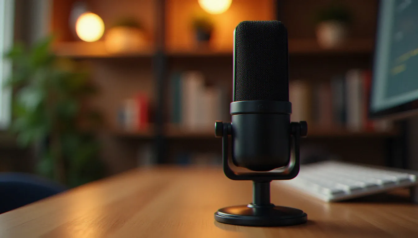 Histoire érotique audio : guide complet du format Micro de podcast professionnel sur un bureau en bois avec éclairage tamisé, évoquant la création d'une histoire érotique audio en studio