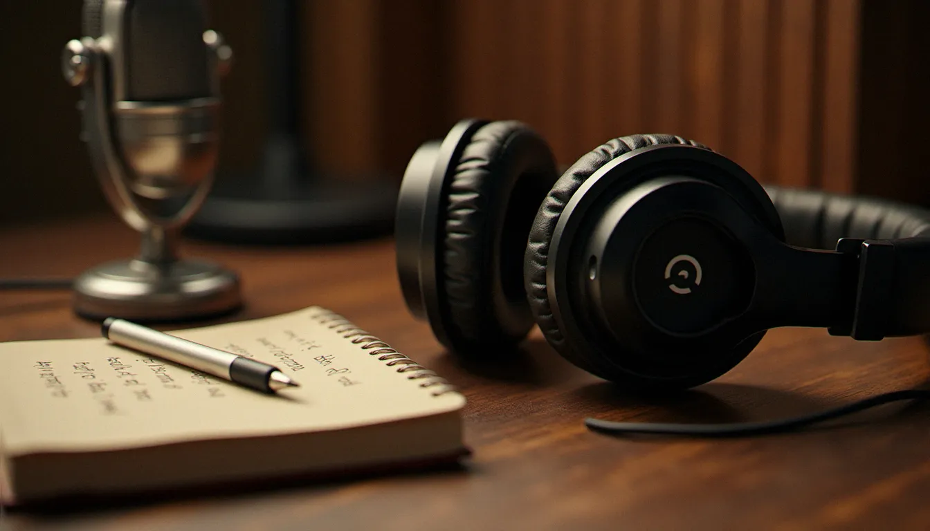 Casque audio et microphone sur un bureau en bois, évoquant la création et l'écoute d'une histoire érotique audio en studio