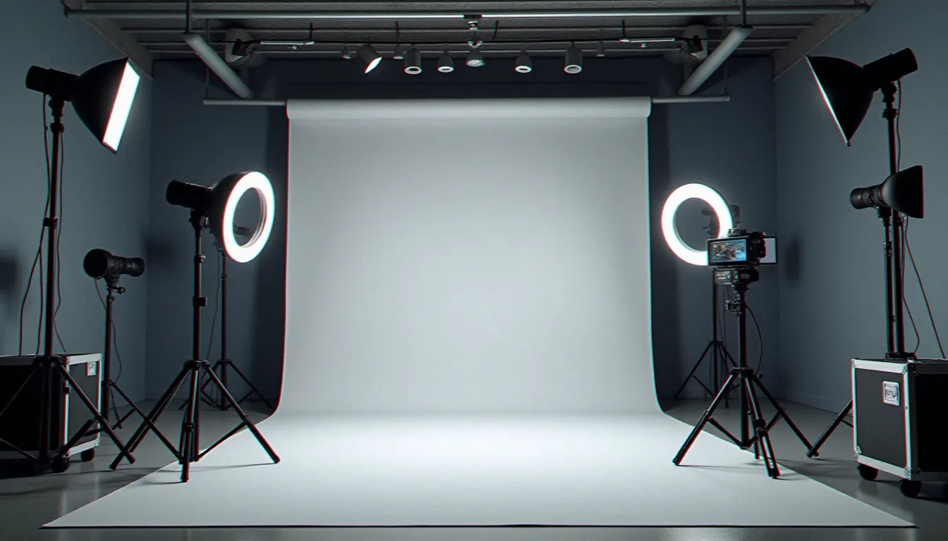 Studio de production professionnel équipé pour le tournage, représentant les infrastructures de l'industrie film adulte en France