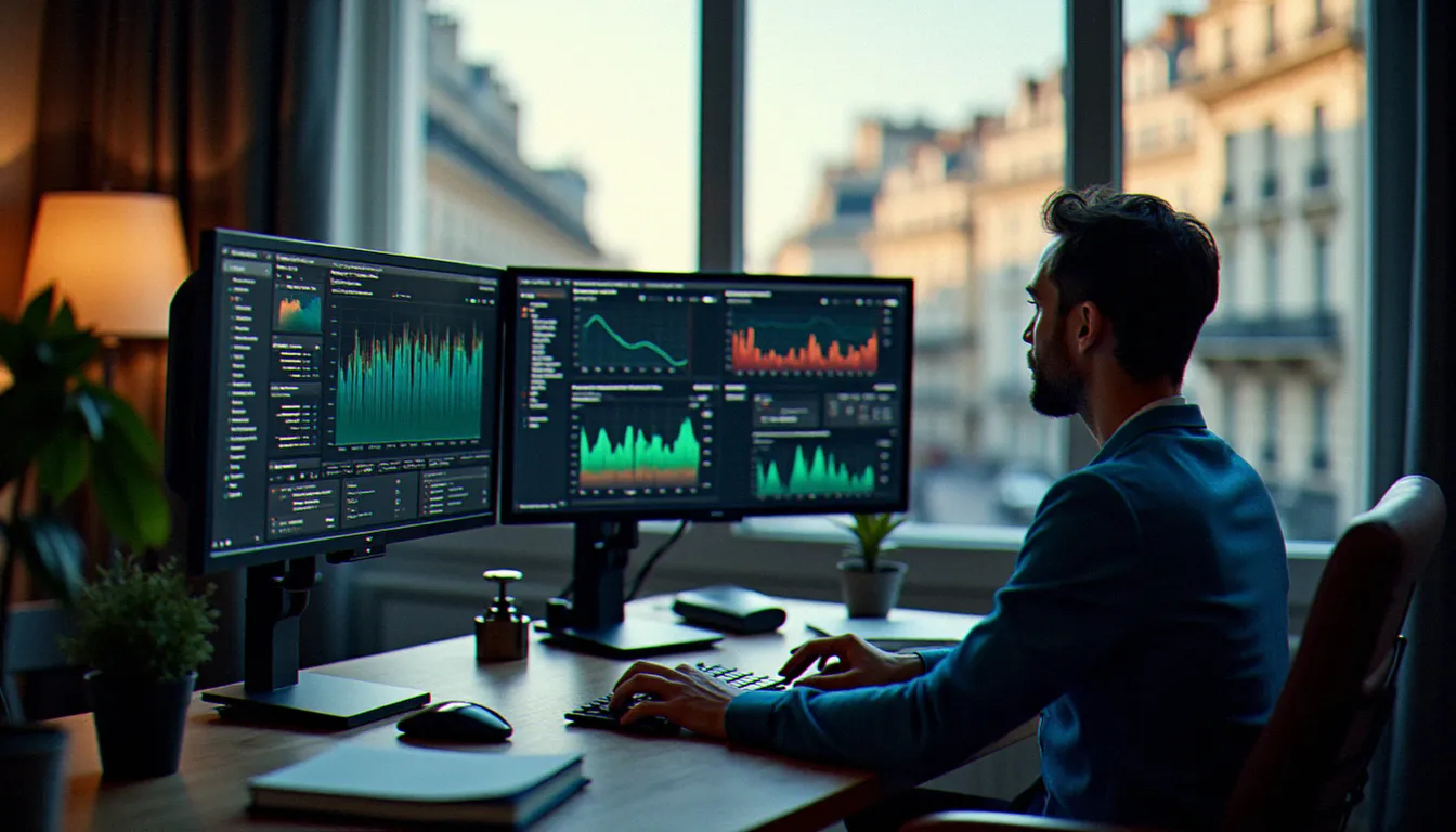 Journaliste spécialisé dans l'analyse de l'industrie film adulte en France travaillant dans un bureau parisien avec des écrans d'analytics