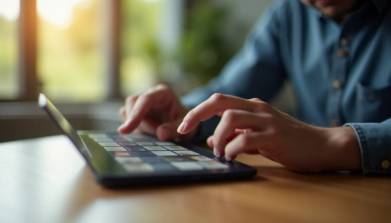 Main tenant un smartphone affichant une grille de contenu floutée, représentant les critères de sélection d'une plateforme adulte gratuite