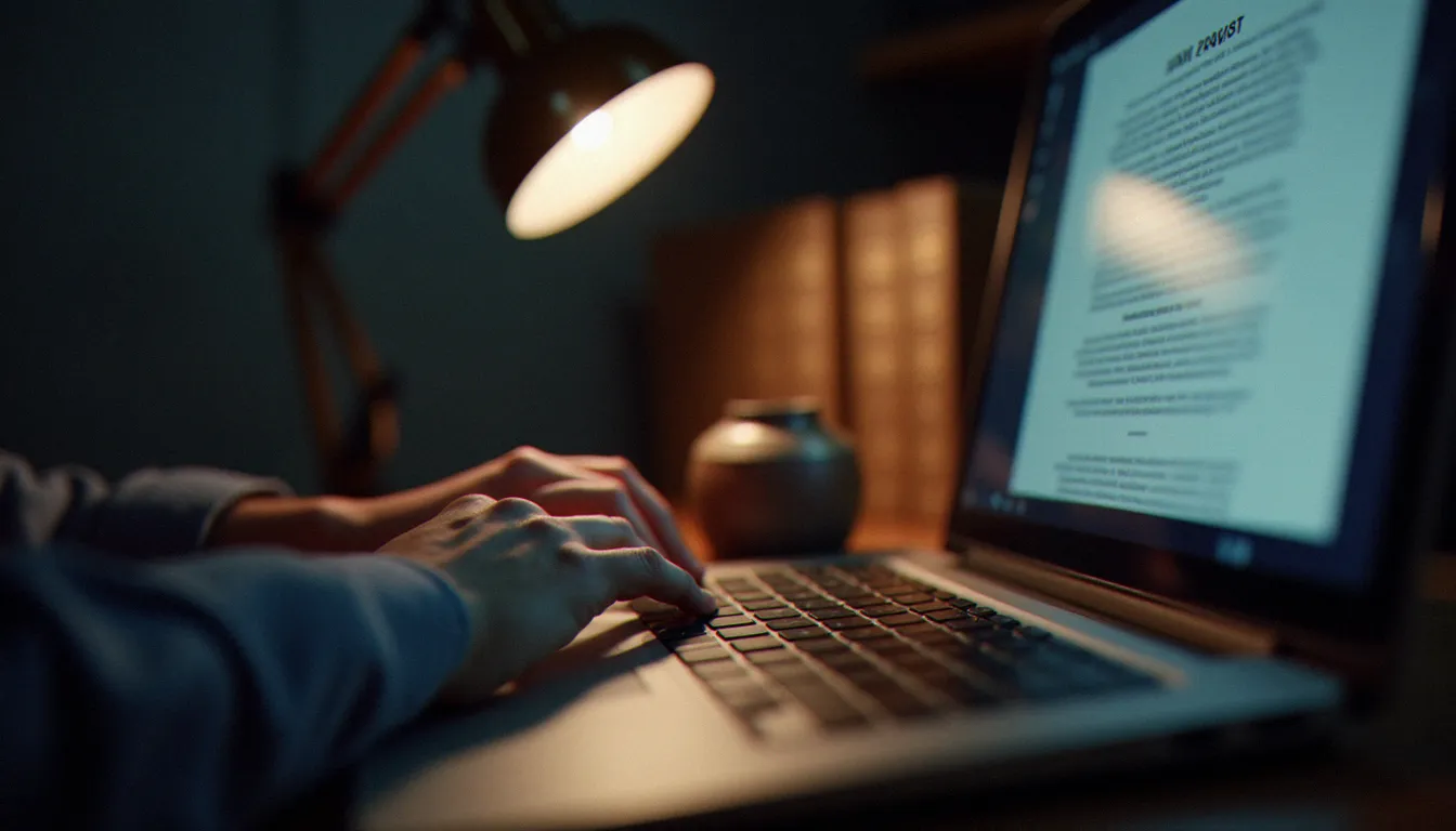 Mains sur un clavier avec un document juridique à l'écran, représentant la protection des droits des créatrices de contenu milf française