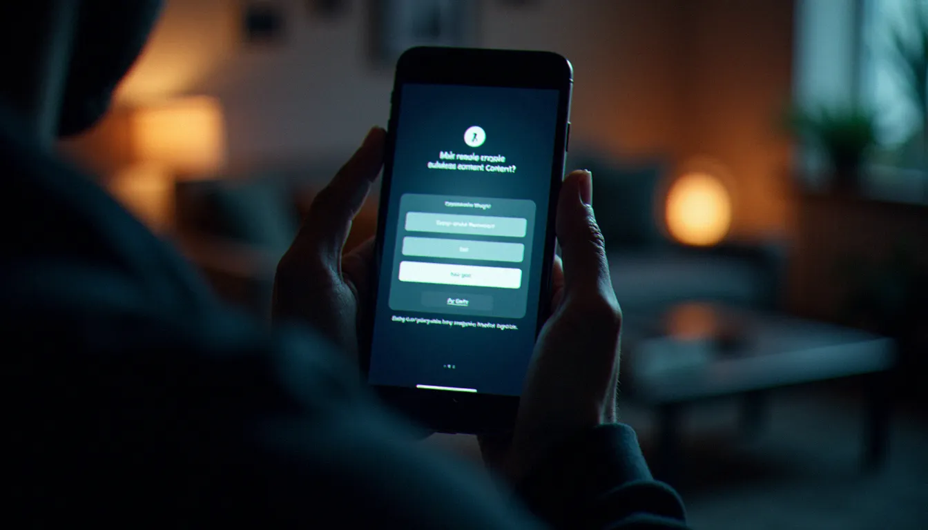 Smartphone affichant une page de connexion floue avec avertissement de contenu réservé public adulte, tenu dans des mains dans une pièce tamisée