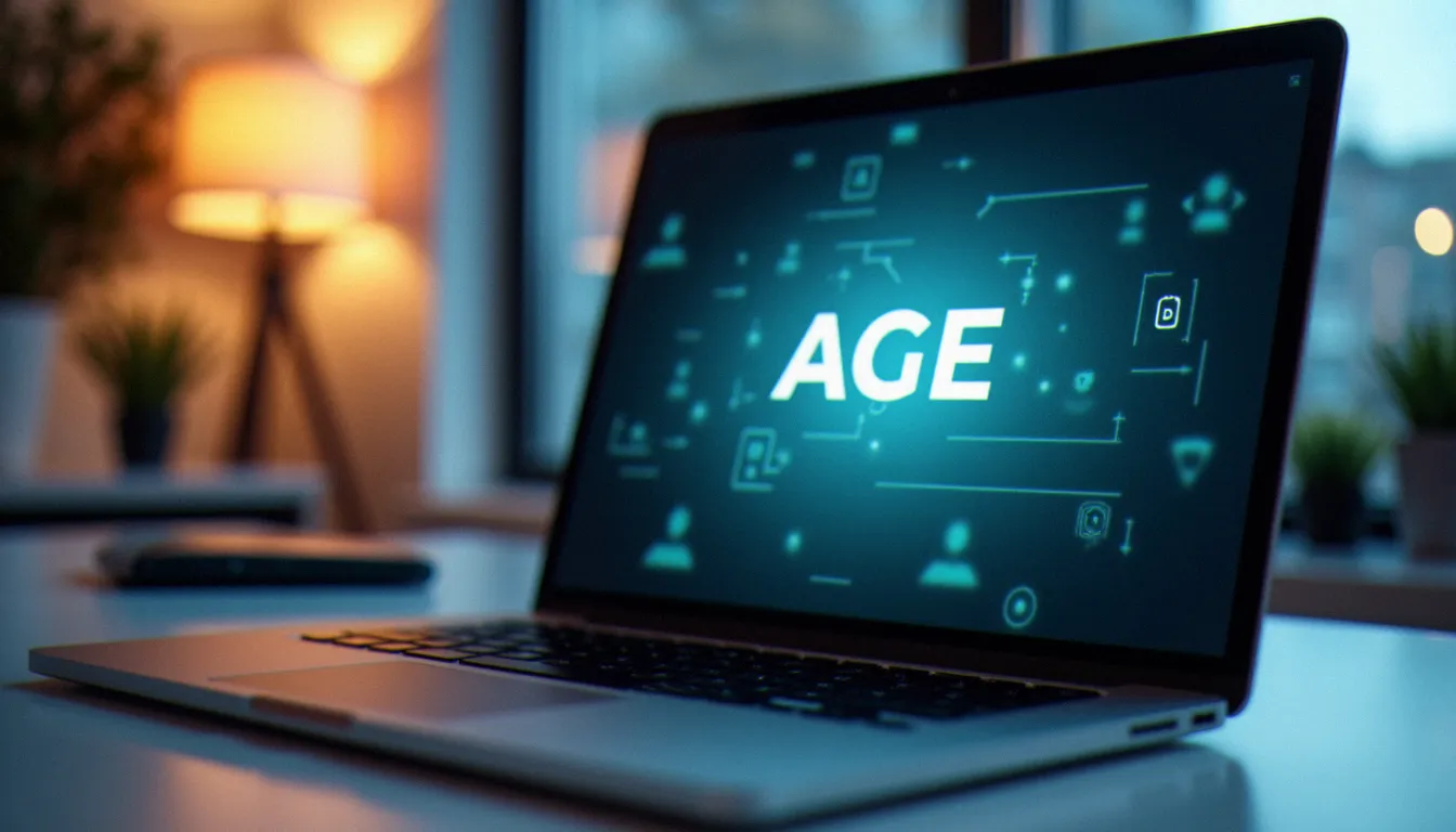 Écran d'ordinateur portable affichant une interface floue de vérification d'âge pour contenu réservé public adulte, posé sur un bureau minimaliste moderne