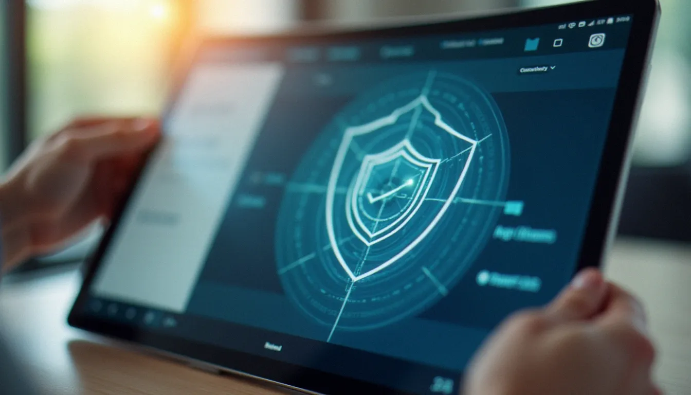 Site adulte français légal : guide complet 2026 Écran de tablette montrant une interface de vérification d'âge numérique avec icône de protection, illustrant les obligations légales des plateformes adultes françaises