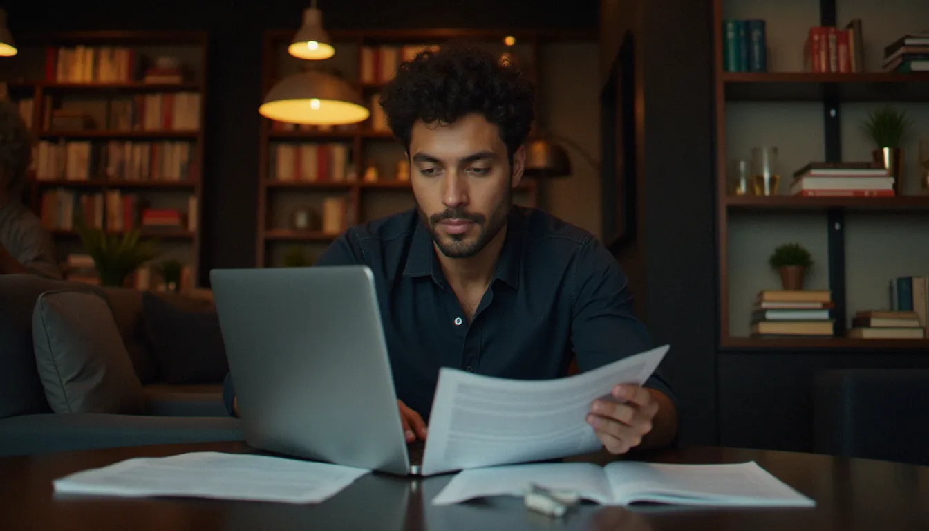 Site adulte français légal : guide complet 2026 Créateur indépendant consultant des documents contractuels sur ordinateur dans un appartement parisien, illustration de la protection du contenu sur les plateformes légales