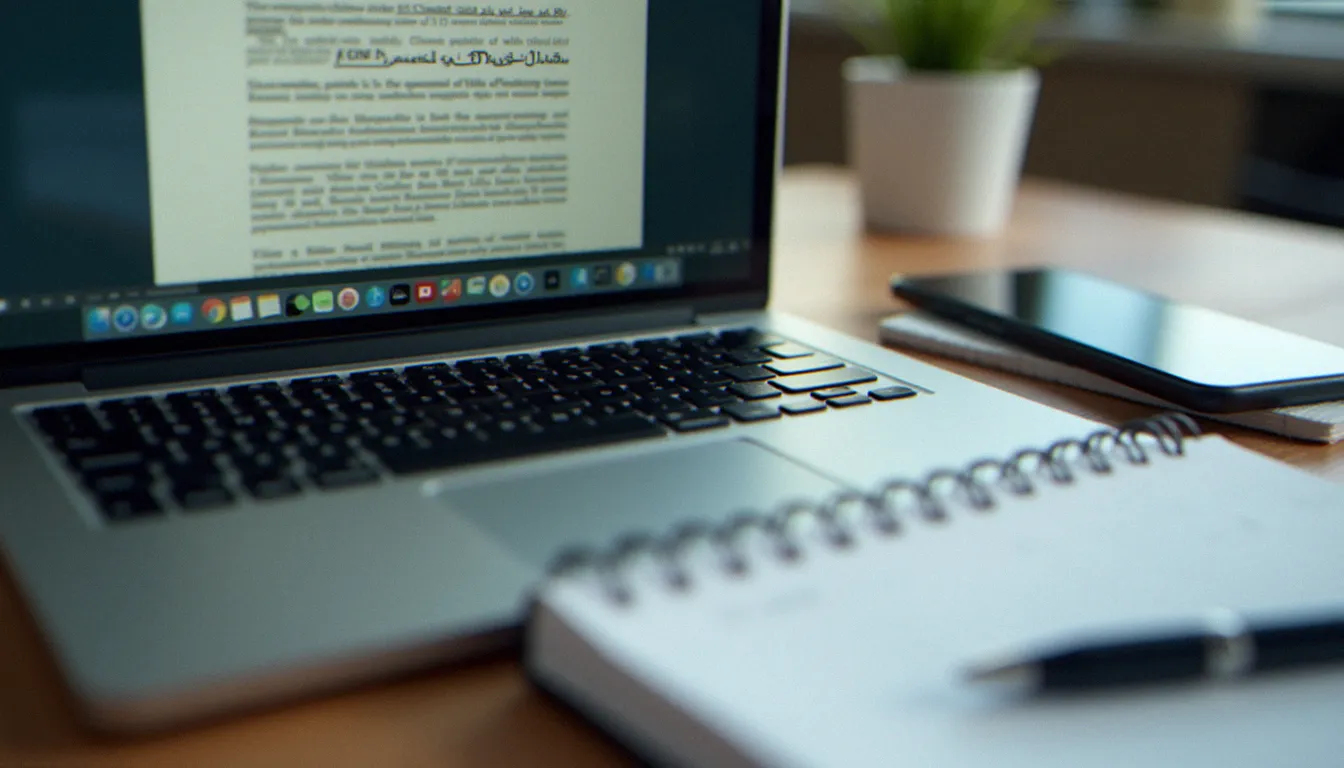 Bureau avec ordinateur affichant un document juridique et bloc-notes, illustrant la protection des droits d'auteur dans l'industrie adulte francophone