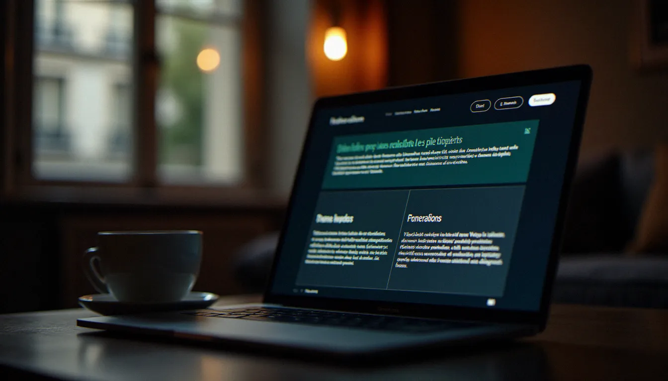 Écran d'ordinateur portable affichant une interface de site porno francophone dans un appartement parisien, avec un café posé à côté
