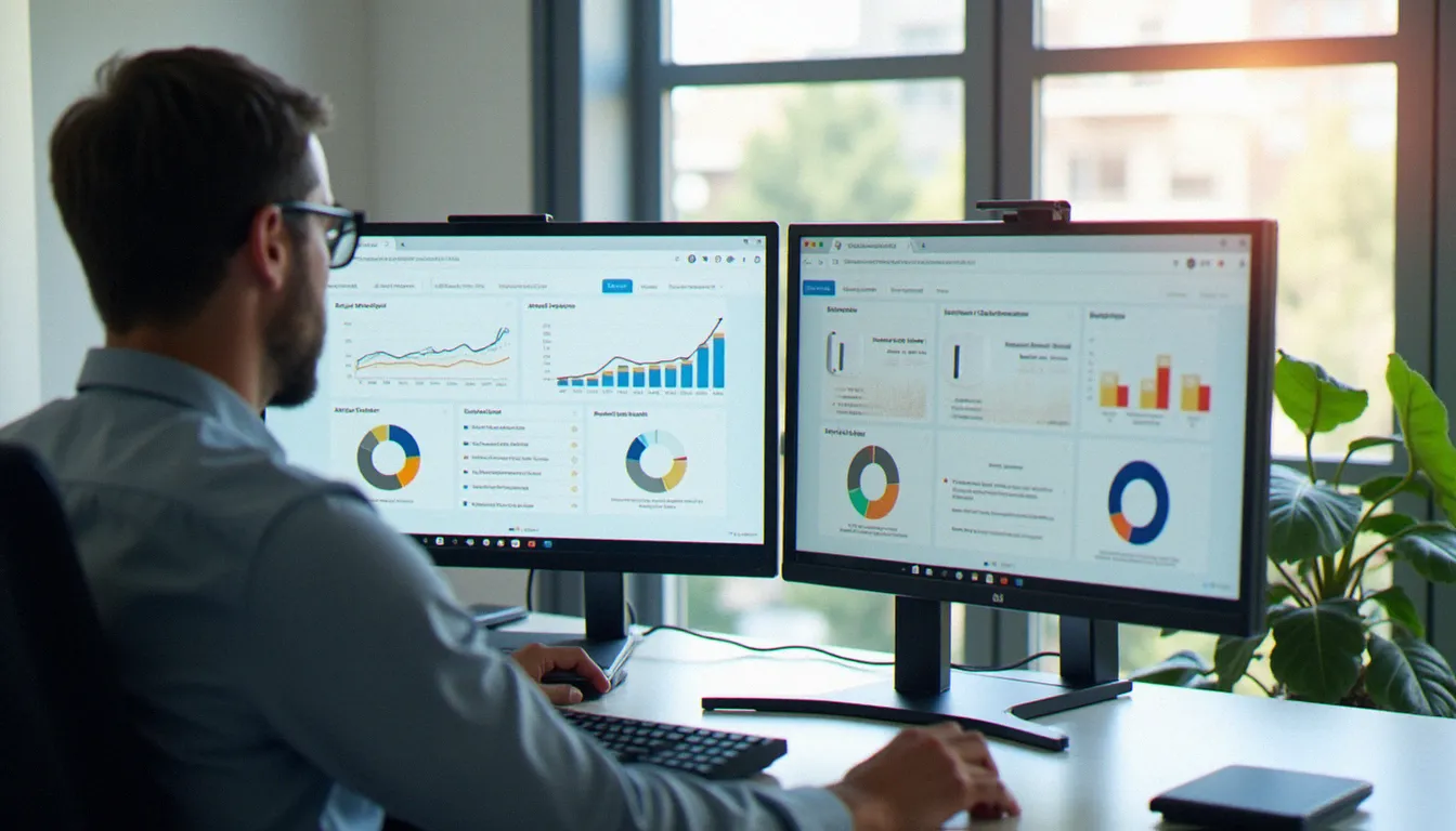 Personne analysant des statistiques de plateformes numériques sur deux écrans dans un bureau moderne bien éclairé