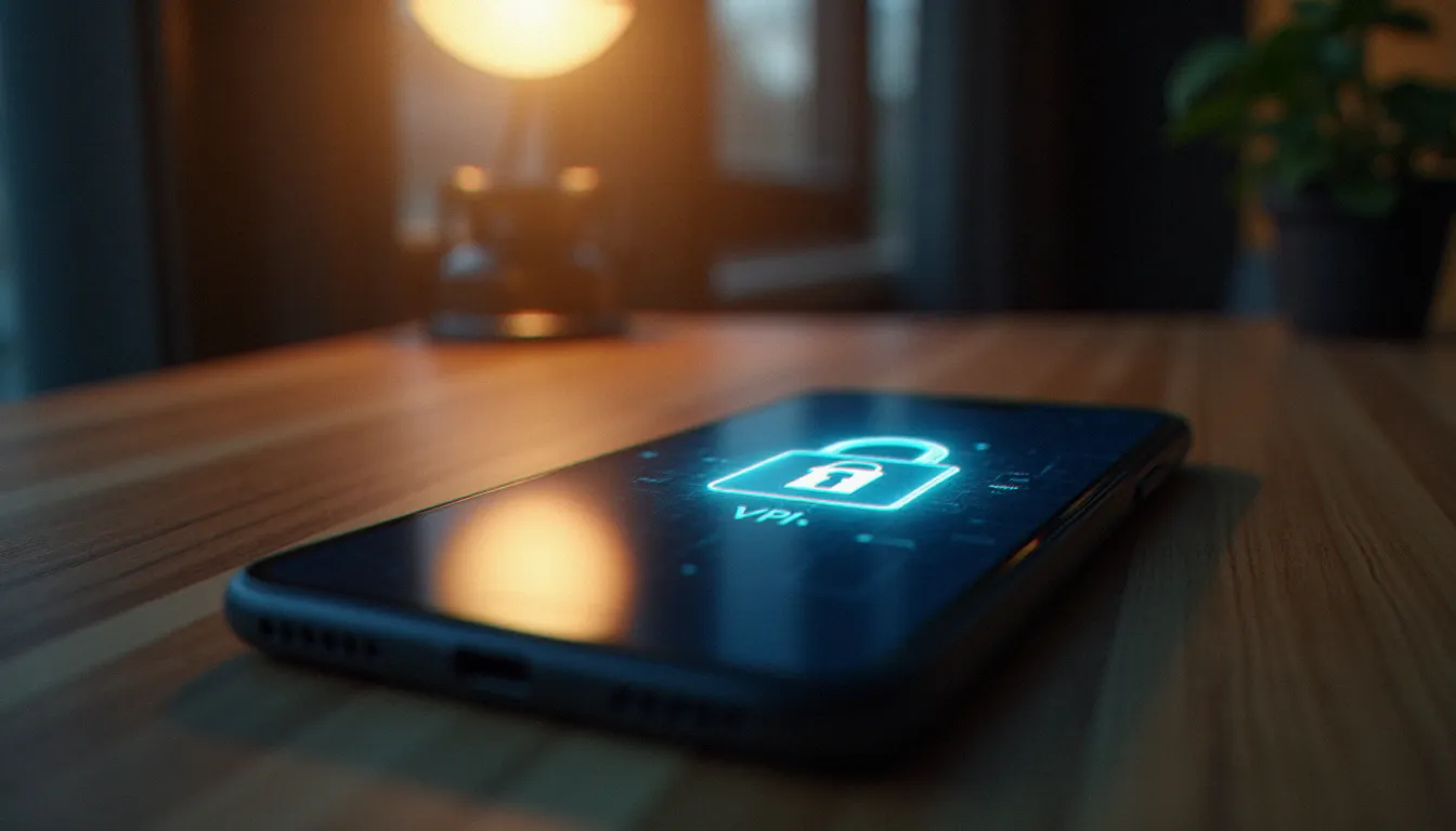 Smartphone affichant une icône de cadenas et interface de sécurité VPN, posé sur une table en bois dans une ambiance chaleureuse
