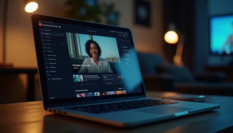 Site vidéo pour adulte : guide complet 2026 Ordinateur portable ouvert avec interface de site vidéo pour adulte floue sur l'écran, dans un bureau à domicile éclairé doucement