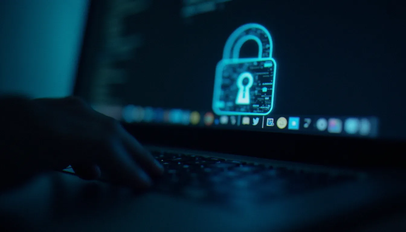 Icône de cadenas lumineux sur un écran d'ordinateur symbolisant la protection des données et la confidentialité lors de l'accès à des plateformes sans inscription