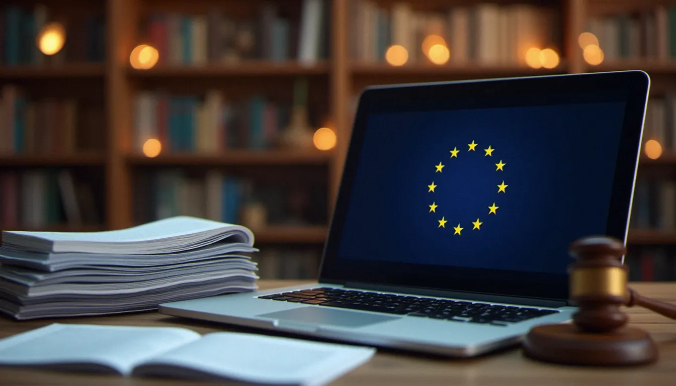 Documents juridiques et marteau de juge posés près d'un ordinateur portable, illustrant les droits légaux des utilisateurs sur les plateformes de streaming adulte en Europe