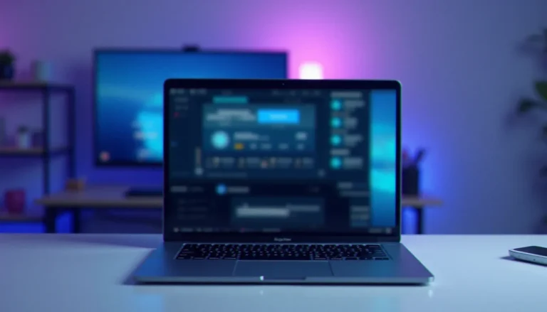 Streaming adulte sans inscription : guide complet 2026 Ordinateur portable sur un bureau épuré affichant une interface de streaming vidéo floue, illustrant le concept de streaming adulte sans inscription depuis chez soi